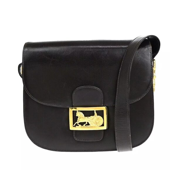 CELINE Logo Horse Carriage Shoulder Bag Leather Brown Gold Made in Italy 30EC868
